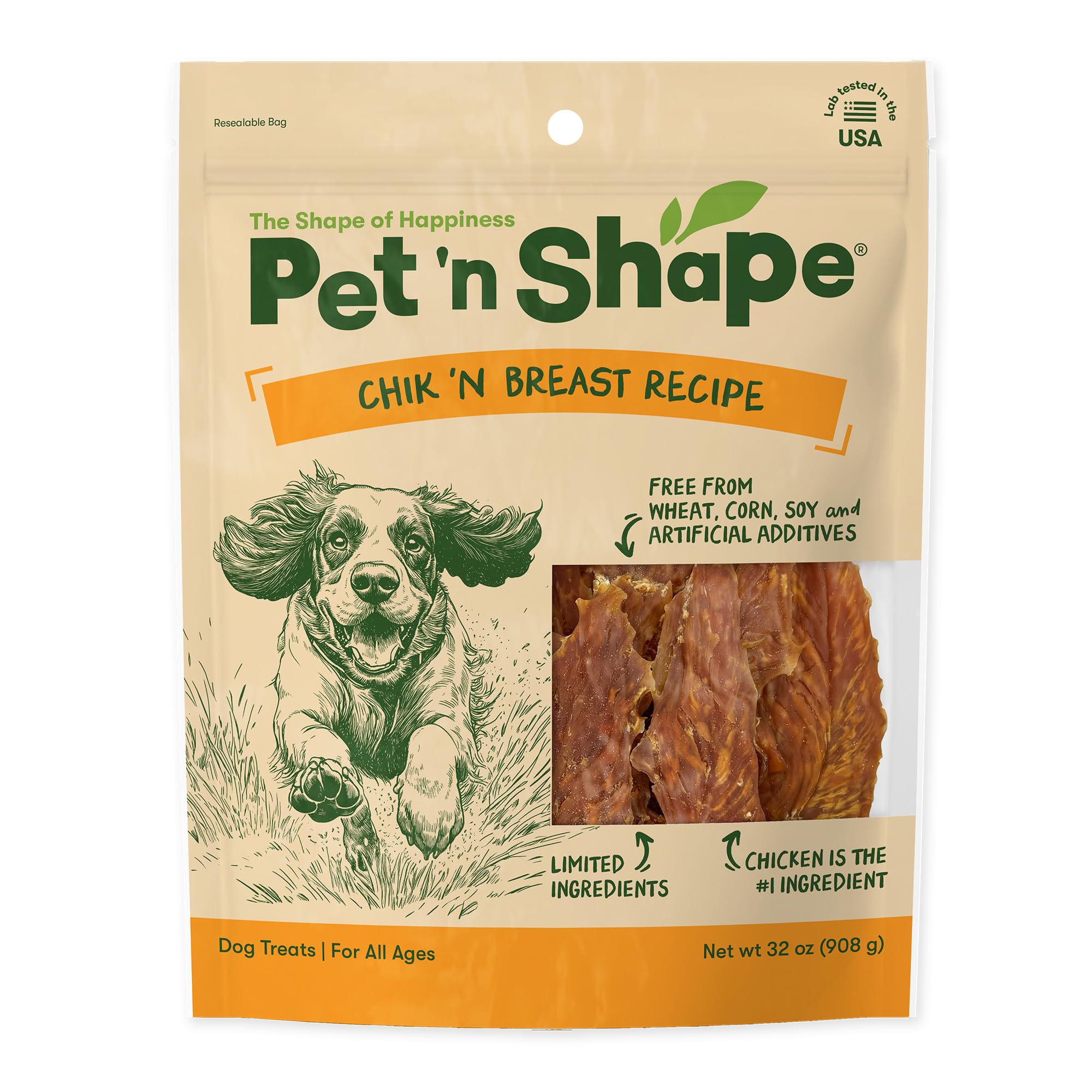 Pet 'n Shape Chik 'n Breast jerky in resealable bag for lasting freshness.