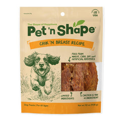 Pet 'n Shape Chik 'n Breast jerky in resealable bag for lasting freshness.