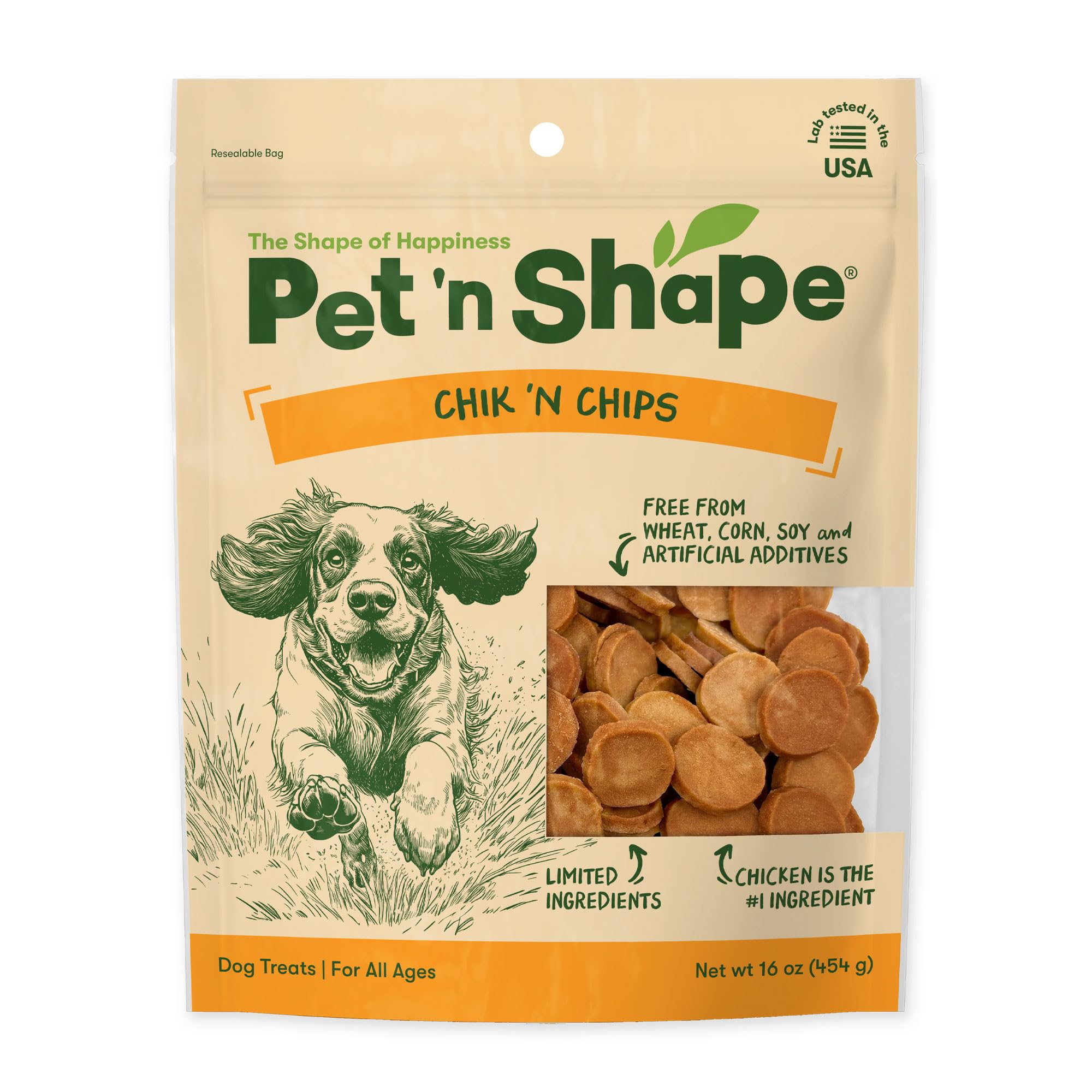 Pet 'n Shape Chik 'n Chips 1lb packaging close-up, resealable for freshness.