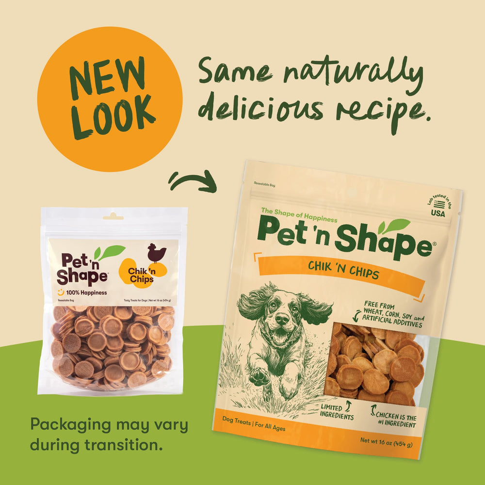 Pet 'n Shape Chik 'n Chips crunchy-chewy texture shown for dogs.
