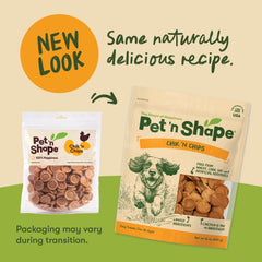 Pet 'n Shape Chik 'n Chips crunchy-chewy texture shown for dogs.