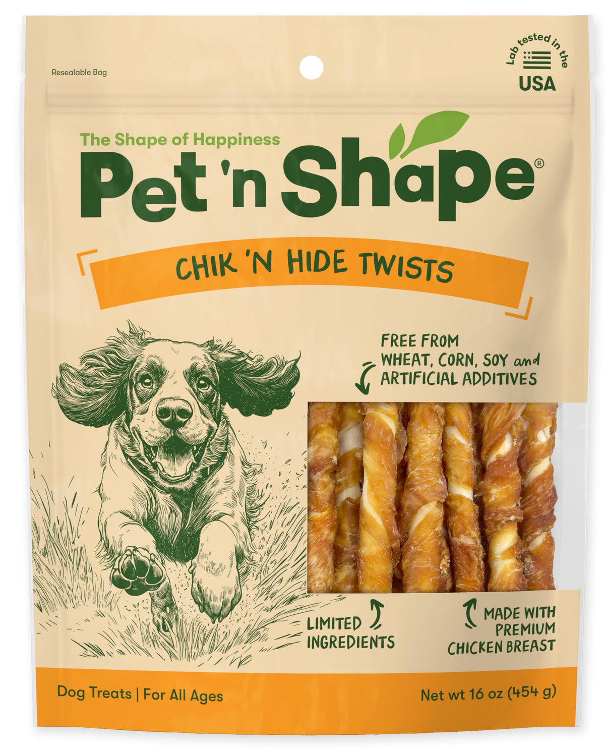 Pet 'n Shape Chik 'n Hide Twists packaging in resealable pouch preserves freshness