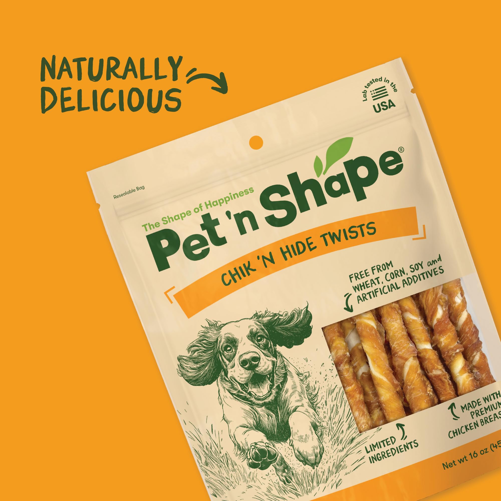 Pet 'n Shape Chik 'n Hide Twists natural ingredients label highlights grain-free
