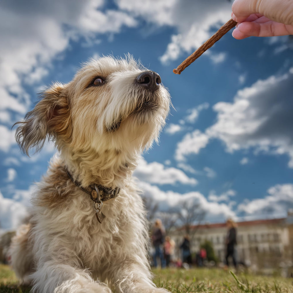 Pet 'n Shape Chik 'n Sweet Potato Stix chewy texture dogs crave.