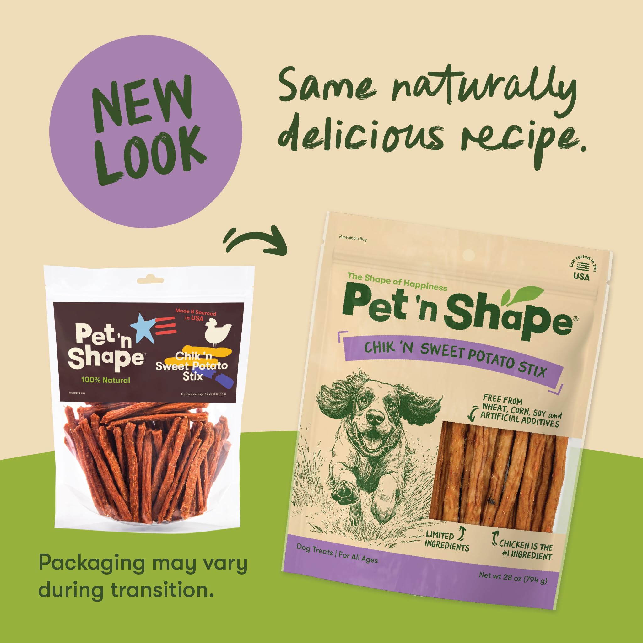 Pet 'n Shape Chik 'n Sweet Potato Stix ingredients close-up highlights natural chicken and sweet potato