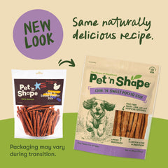 Pet 'n Shape Chik 'n Sweet Potato Stix ingredients close-up highlights natural chicken and sweet potato