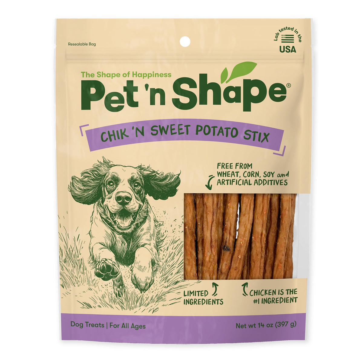 Pet 'n Shape Chik 'n Sweet Potato Stix package, USA-made, fresh and convenient.