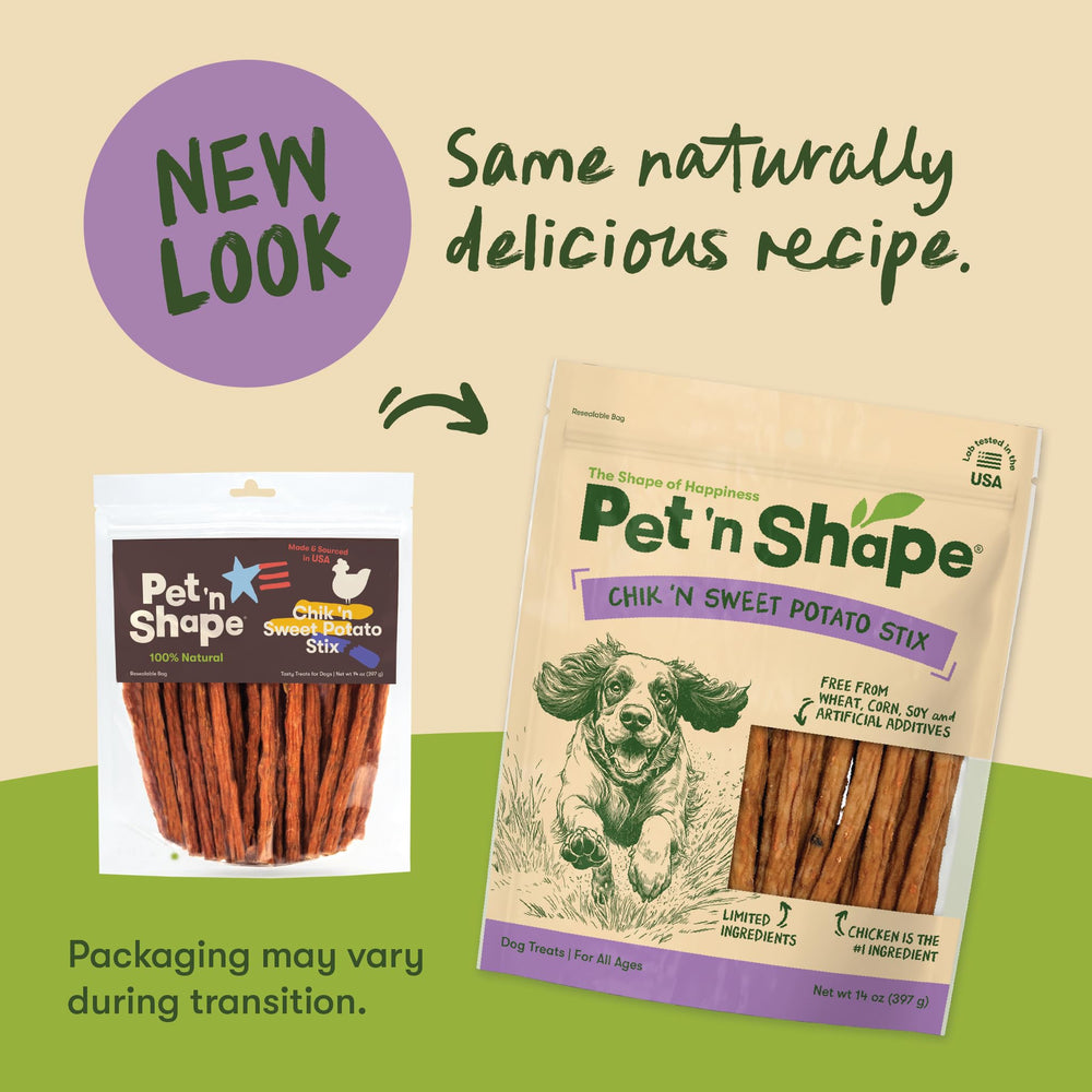 Chik 'n Sweet Potato Stix sticks broken for training rewards.