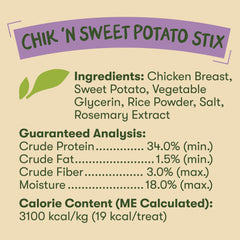 Pet 'n Shape Chik 'n Sweet Potato Stix training pieces demonstrate breakable snacks for puppies