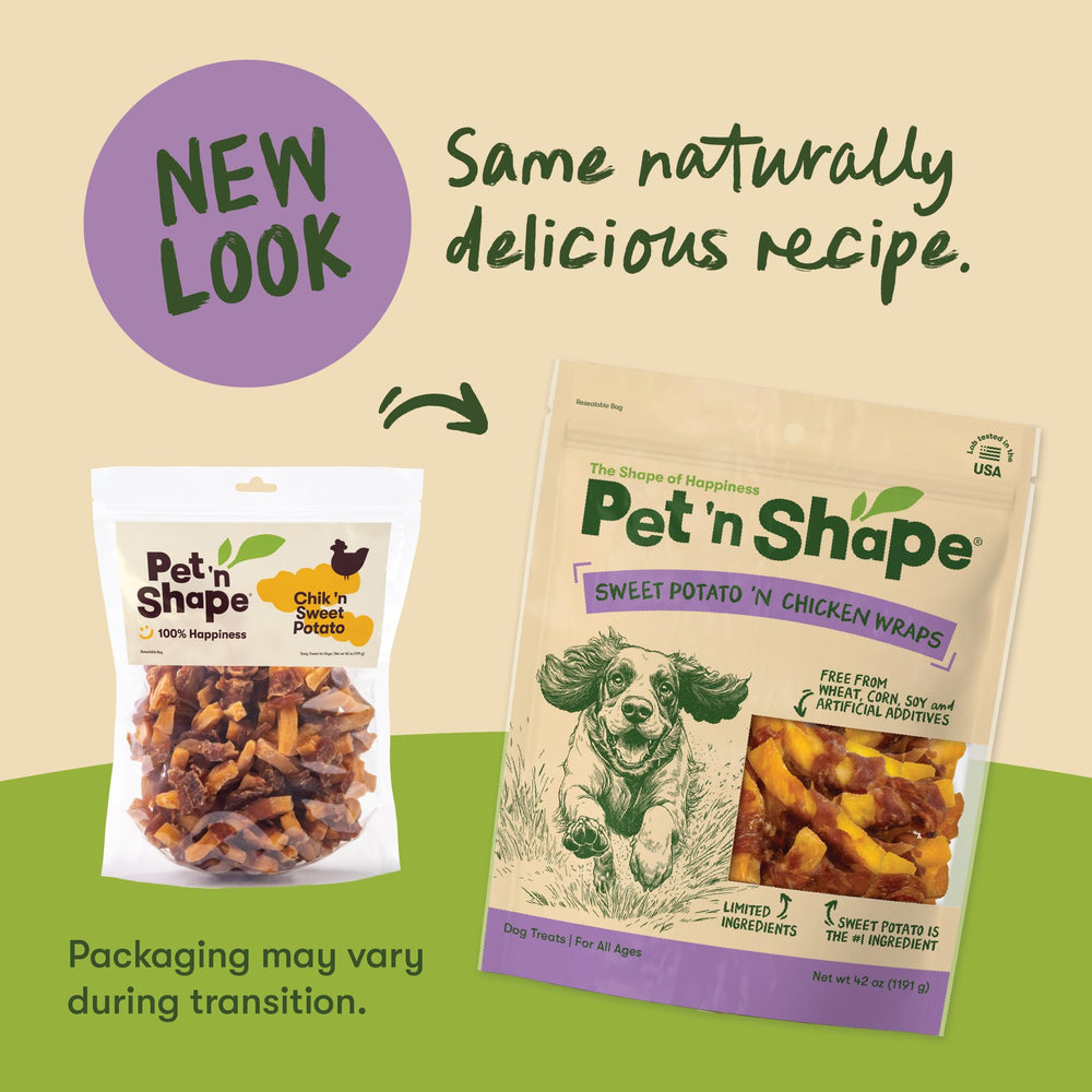 Close-up of Pet 'n Shape natural chicken-wrapped sweet potato treat