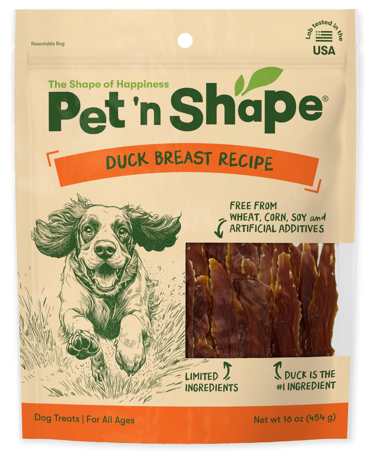 Pet 'n Shape duck breast jerky packaging shows resealable bag for freshness.