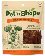 Pet 'n Shape duck breast jerky packaging shows resealable bag for freshness.