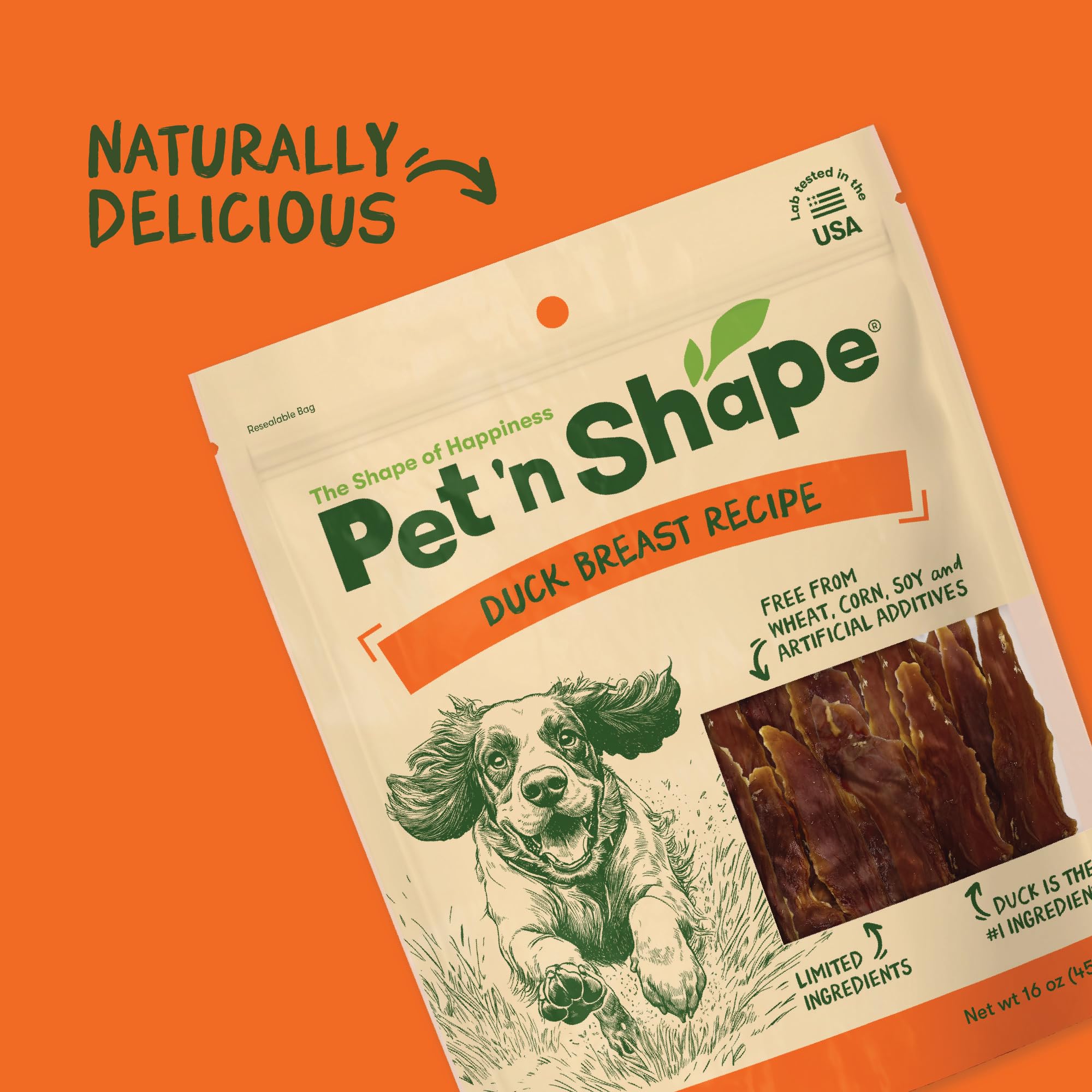 Pet 'n Shape duck breast jerky strips on wood board.