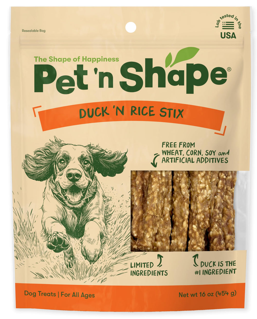 Pet 'n Shape Duck 'n Rice Stix crunchy treat for dogs, ideal as a training reward.