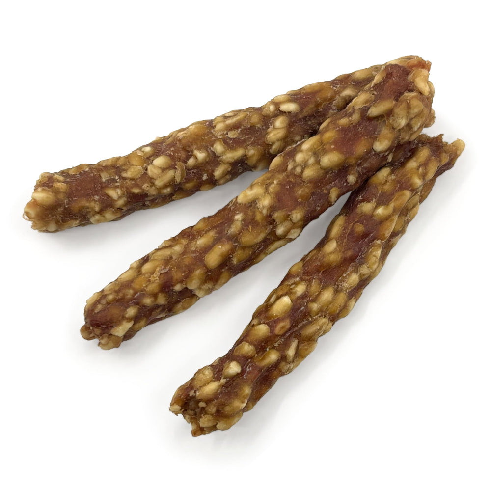 Pet 'n Shape Duck 'n Rice Stix pantry-friendly dog treats for easy storage at home.
