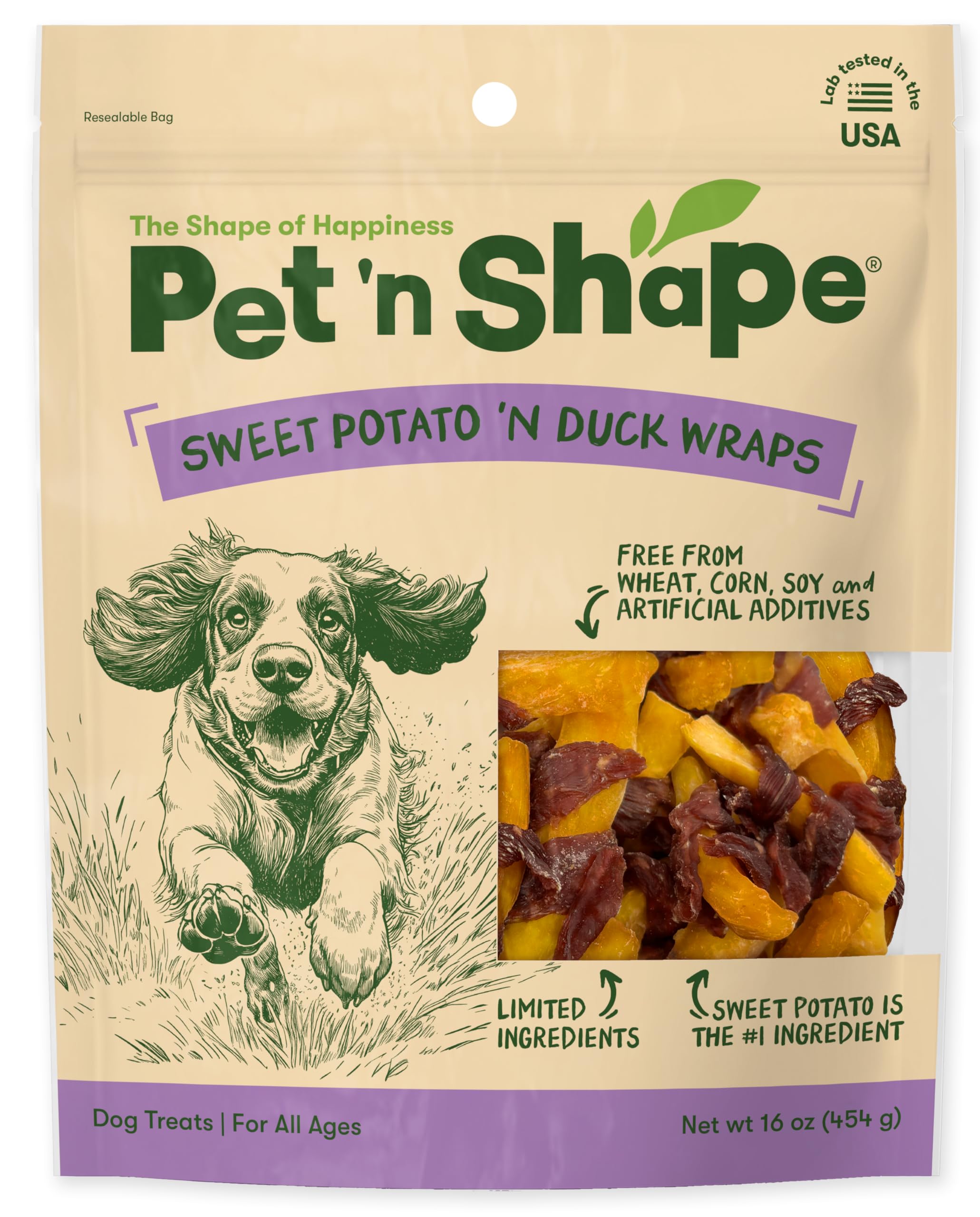 Pet 'n Shape duck-n-sweet-potato bites for dogs, grain-free training reward.