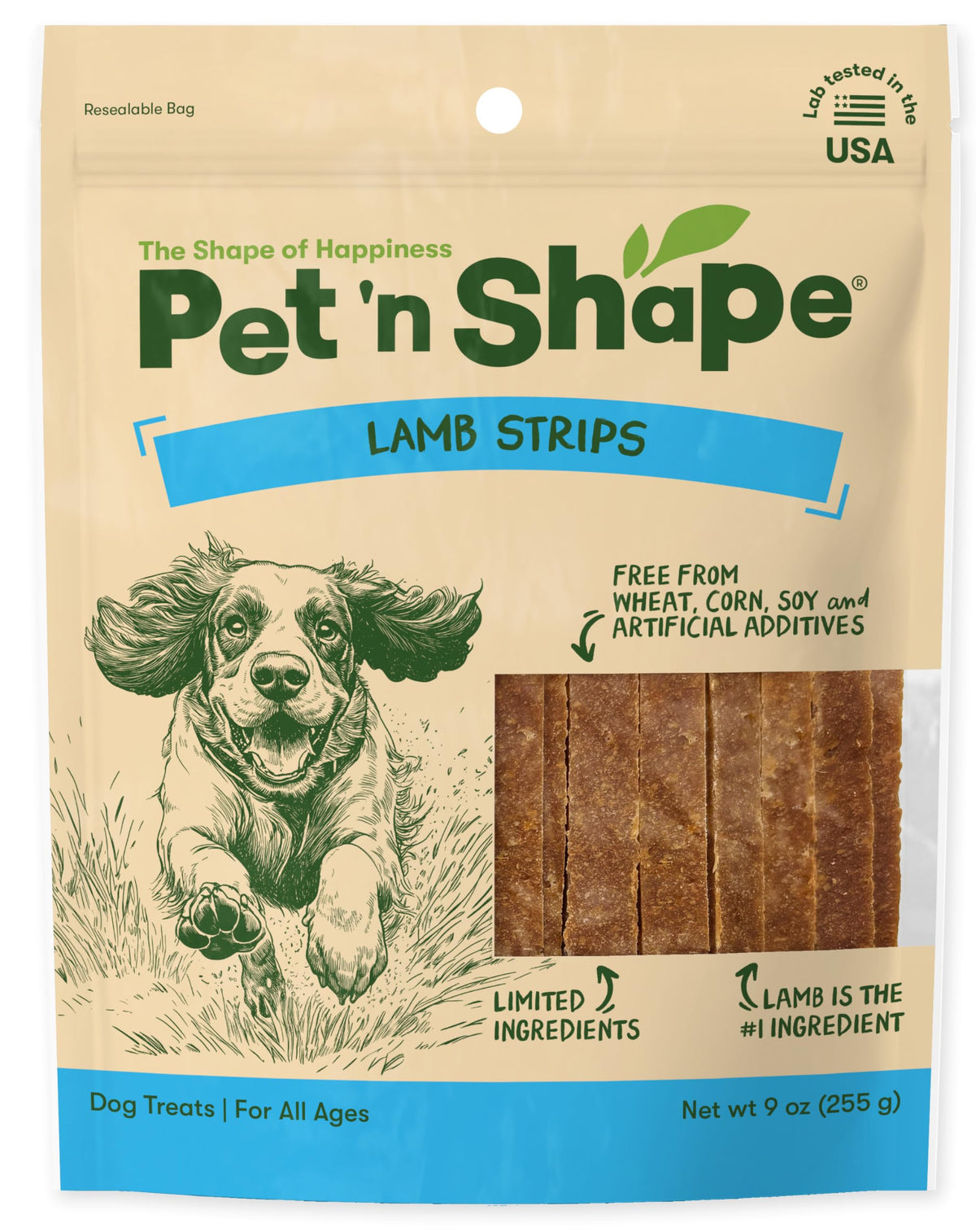 Pet 'n Shape Lamb Strip bag shows resealable packaging for freshness.
