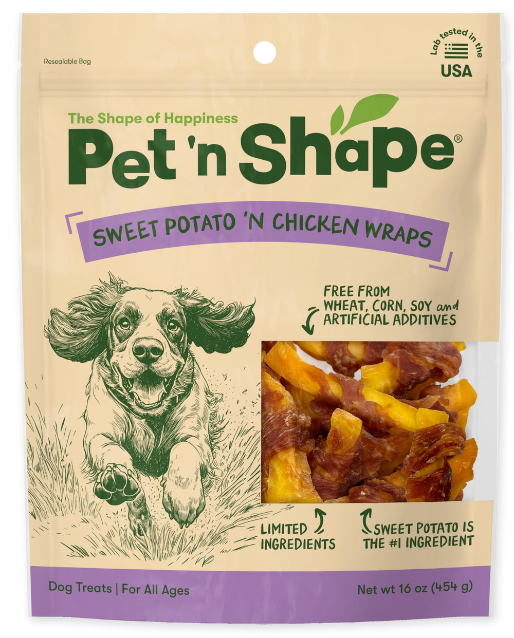 Pet 'n Shape Sweet Potato Chews packaging front, grain-free dog snack.