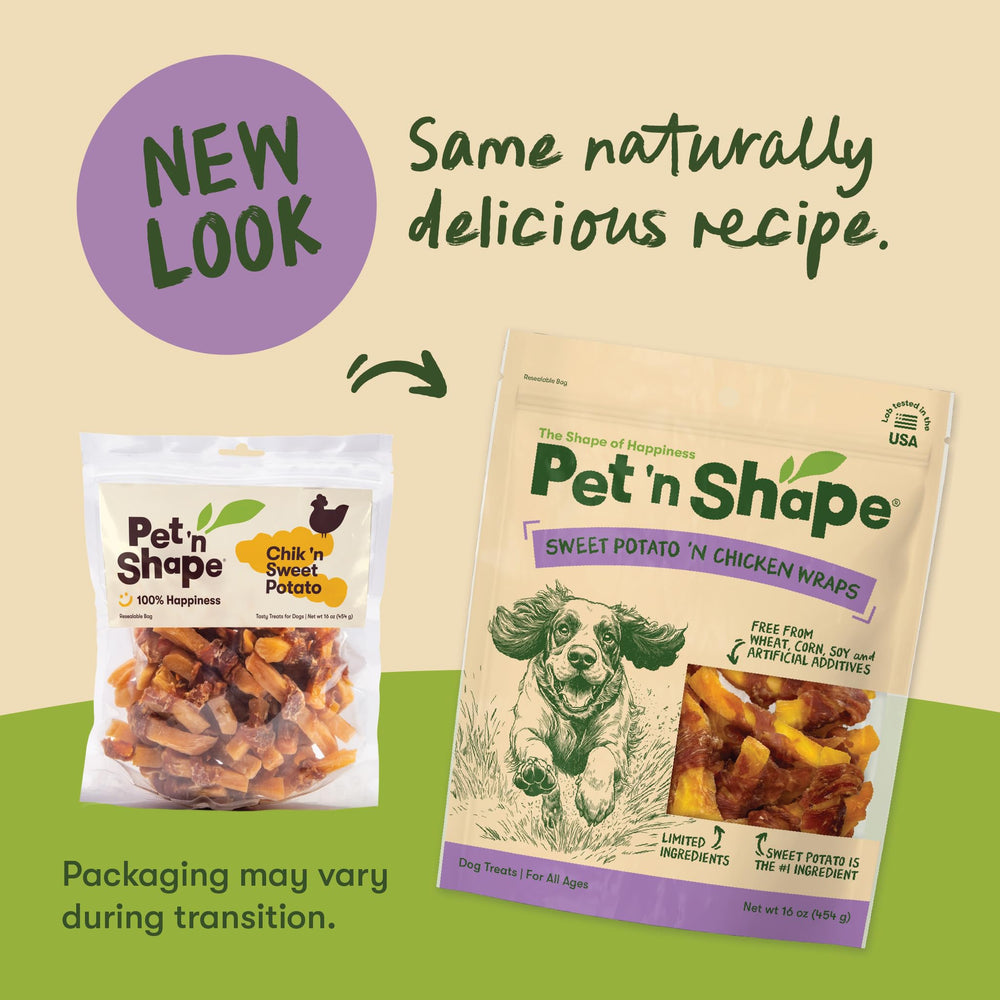 Pet 'n Shape dog treats close-up, chicken wrapped around sweet potato for flavor.