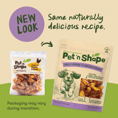 Pet 'n Shape dog treats close-up, chicken wrapped around sweet potato for flavor.