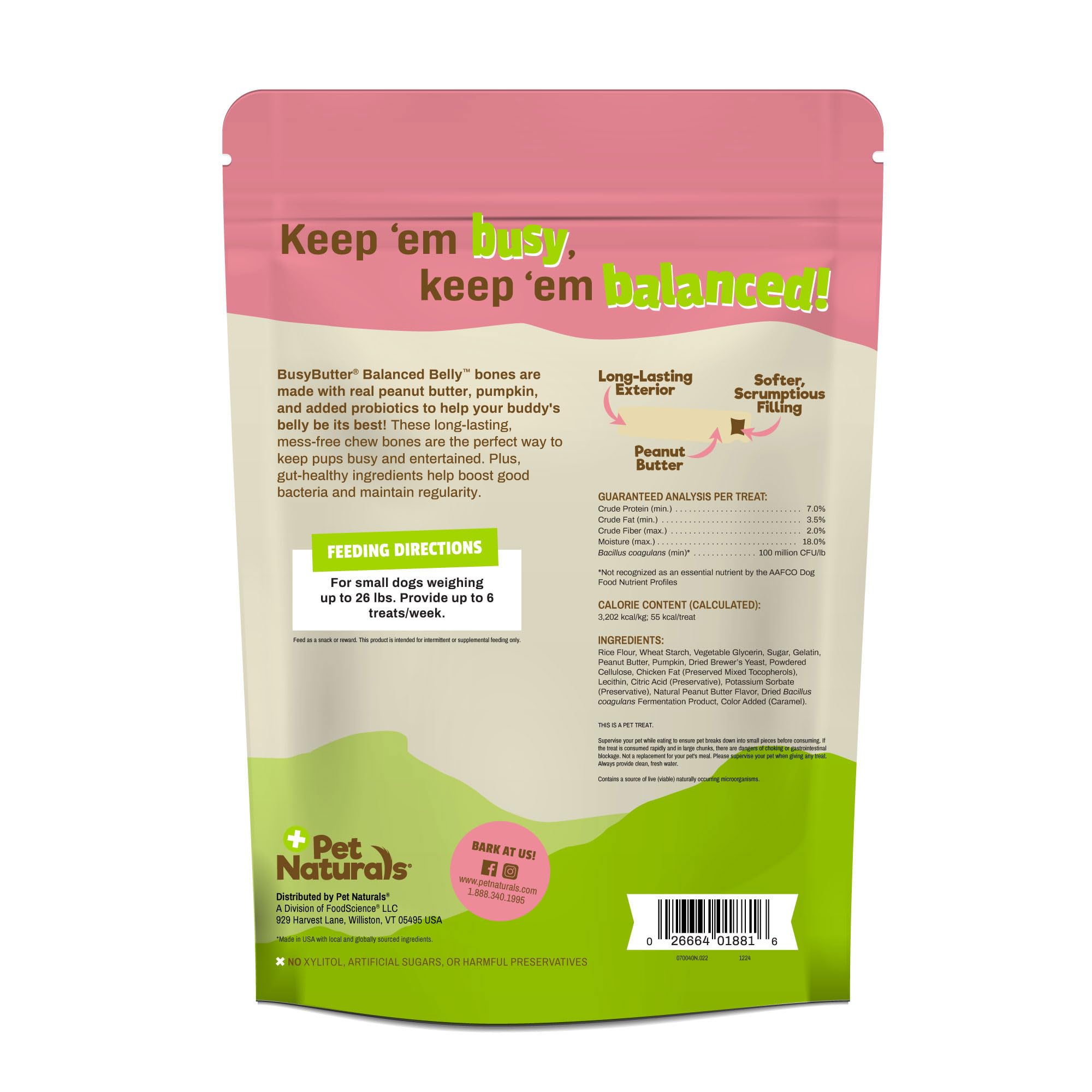 Real peanut butter flavor appeals to dogs in BusyButter bones.
