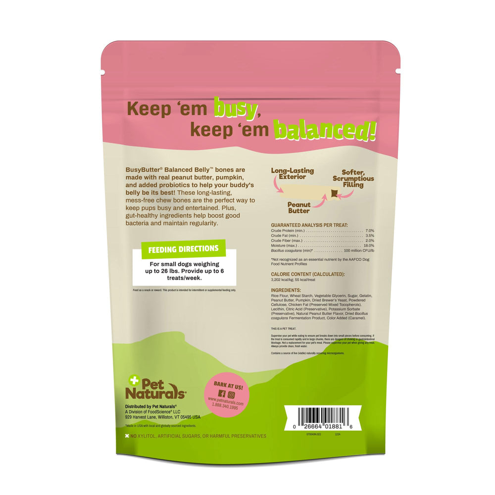 Real peanut butter flavor appeals to dogs in BusyButter bones.