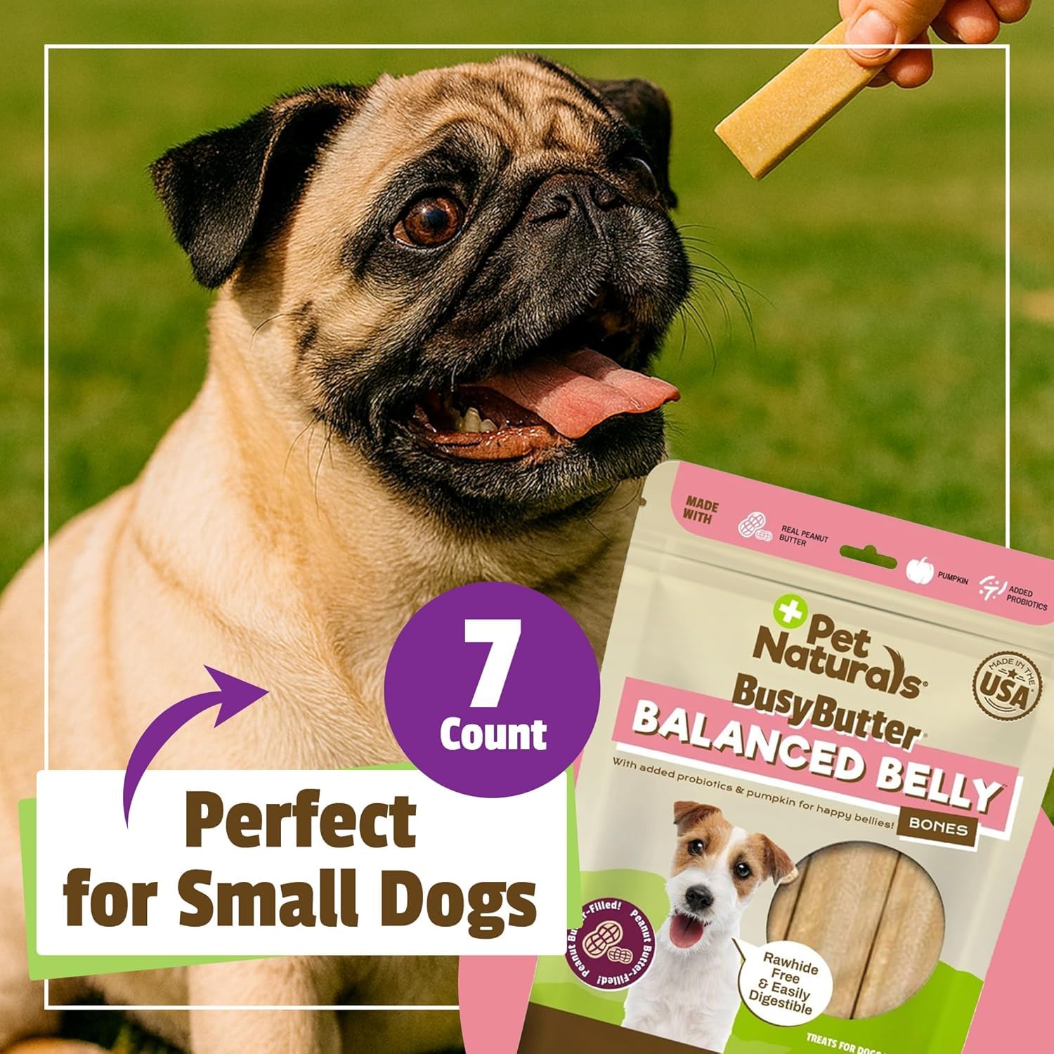 Natural ingredients and no artificial colors displayed on BusyButter pack.