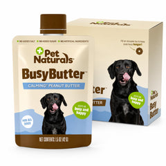 Pet Naturals BusyButter easy-squeeze pouch for on-the-go calming treats.
