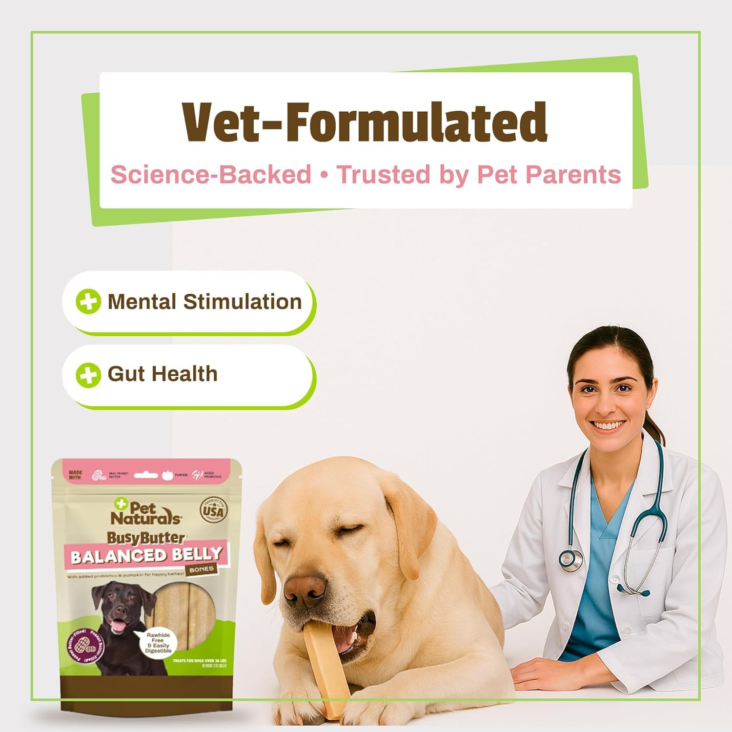 Pet Naturals BusyButter Long-Lasting Chews shown for busy dogs with a satisfying bite.