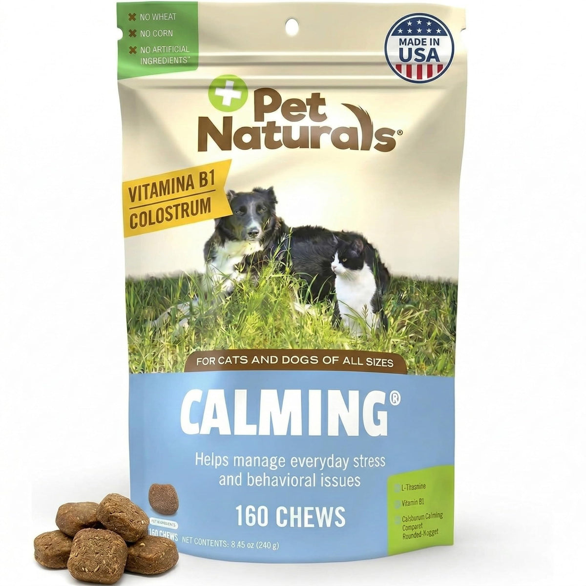 Pet Naturals Calming Chews bottle front view for quick calming support.