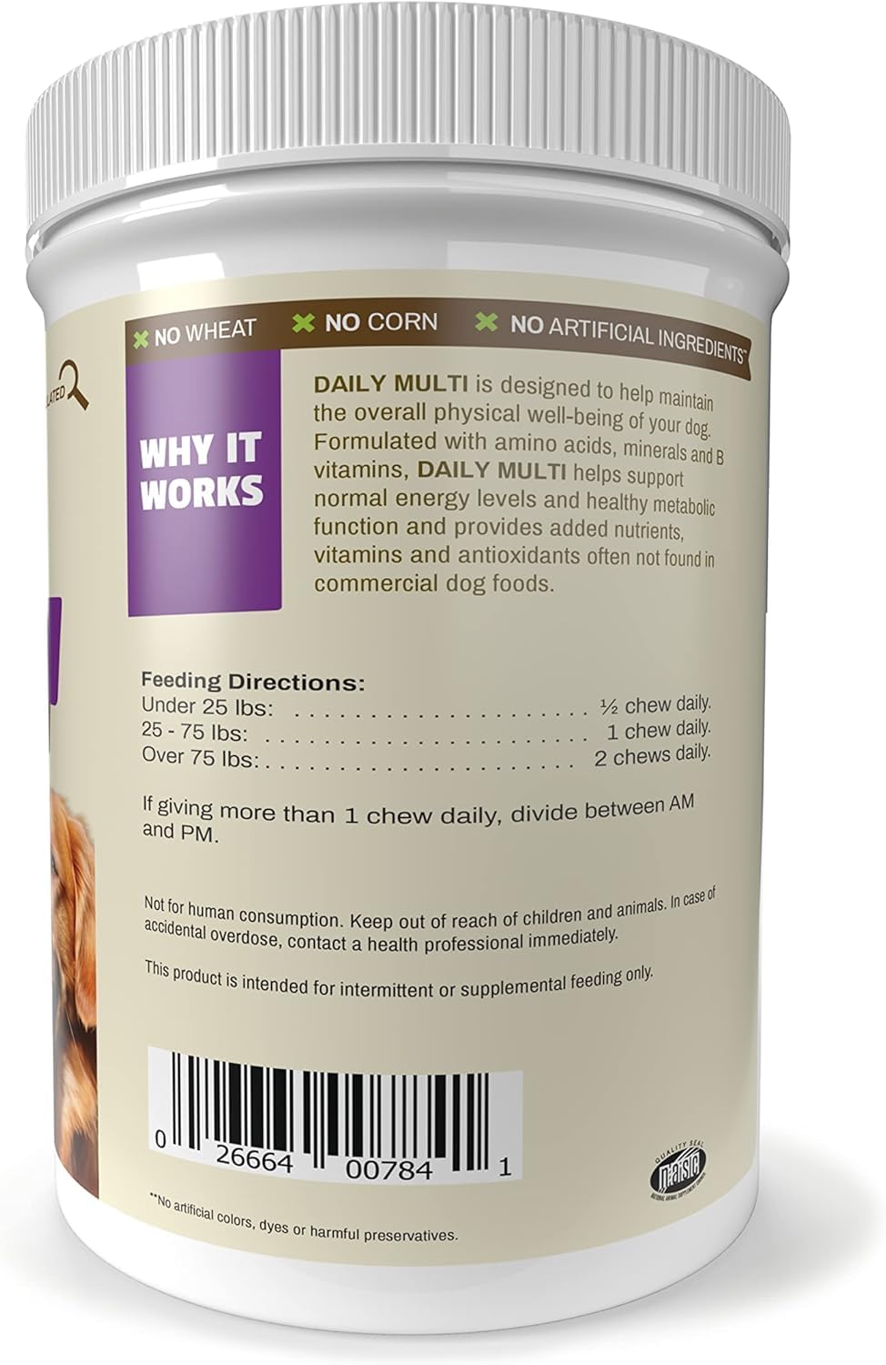 Pet Naturals Daily Multi ingredients label highlighting 28 nutrients.