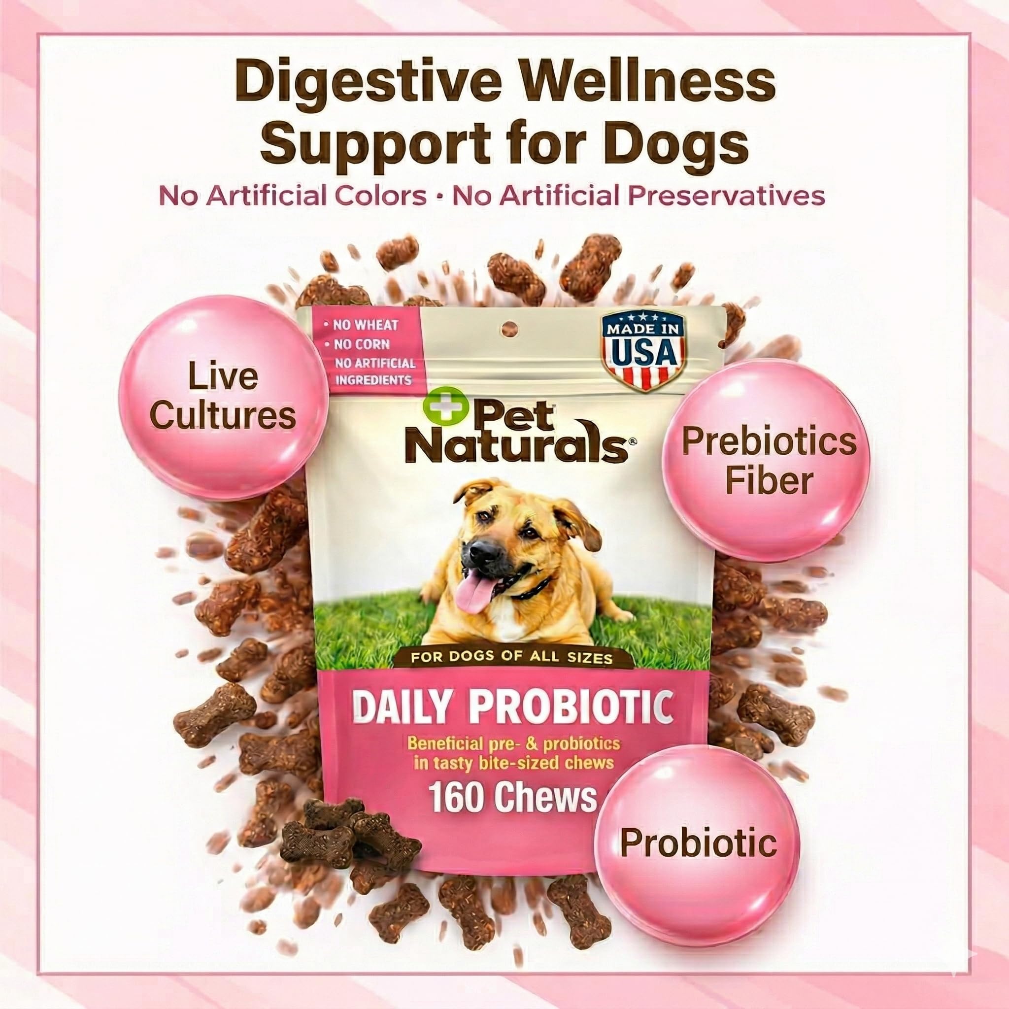 Pet Naturals Daily Probiotic packaging shows 160-count jar for easy refills