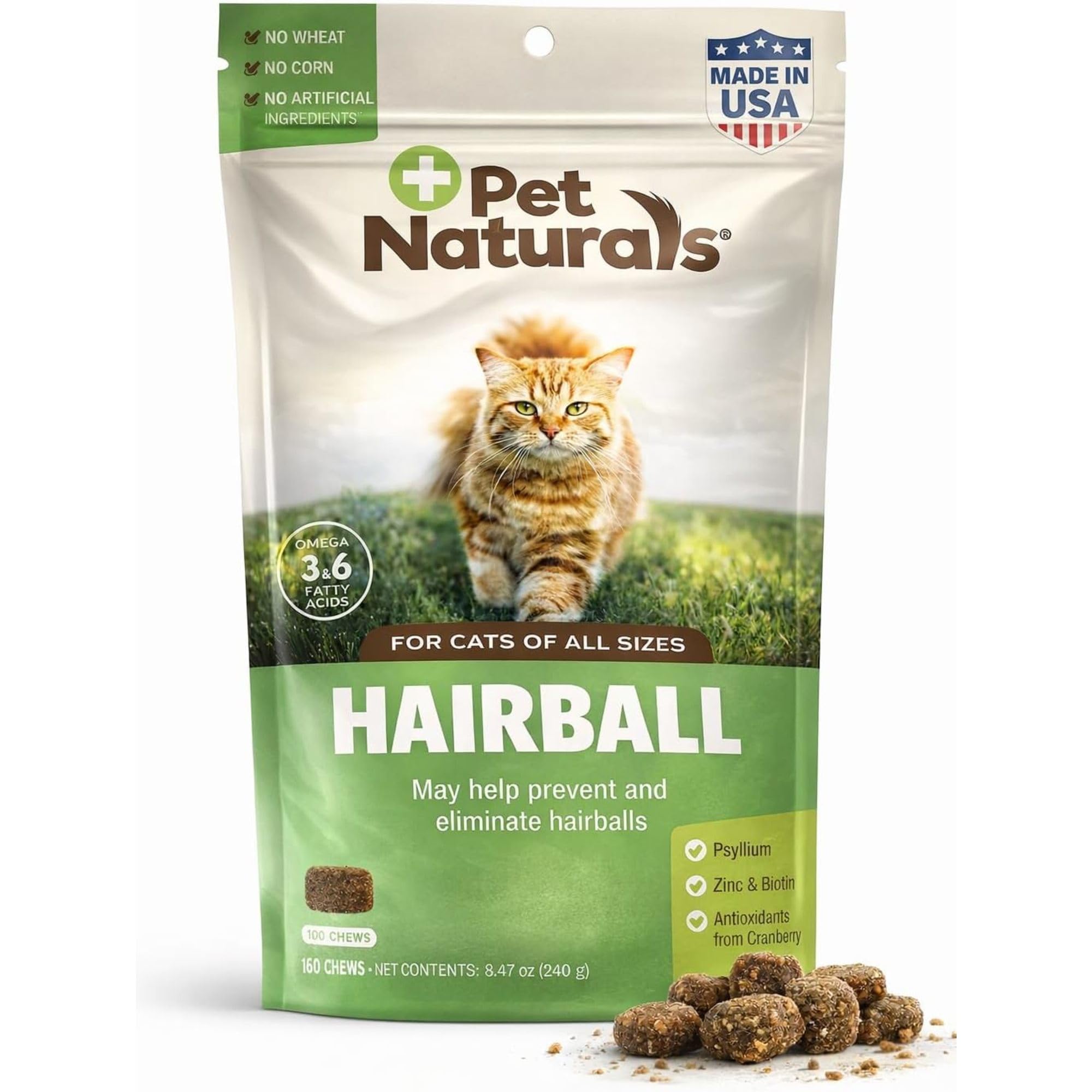 Pet Naturals Hairball Soft Chews bottle pour; vet-formulated hairball support for digestion