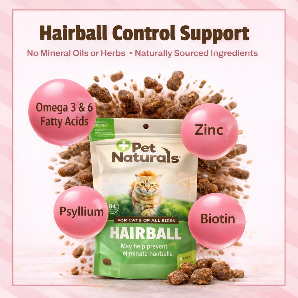 Pet Naturals Hairball Soft Chews in chicken flavor for cats; skin health and shedding support