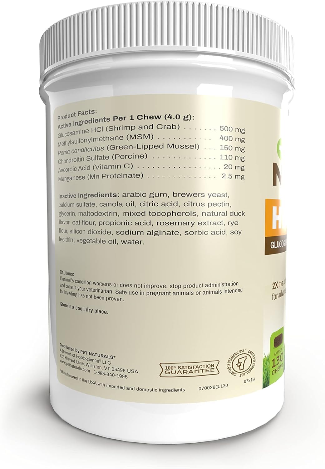 130-count bottle packaging for Pet Naturals Hip + Joint Pro
