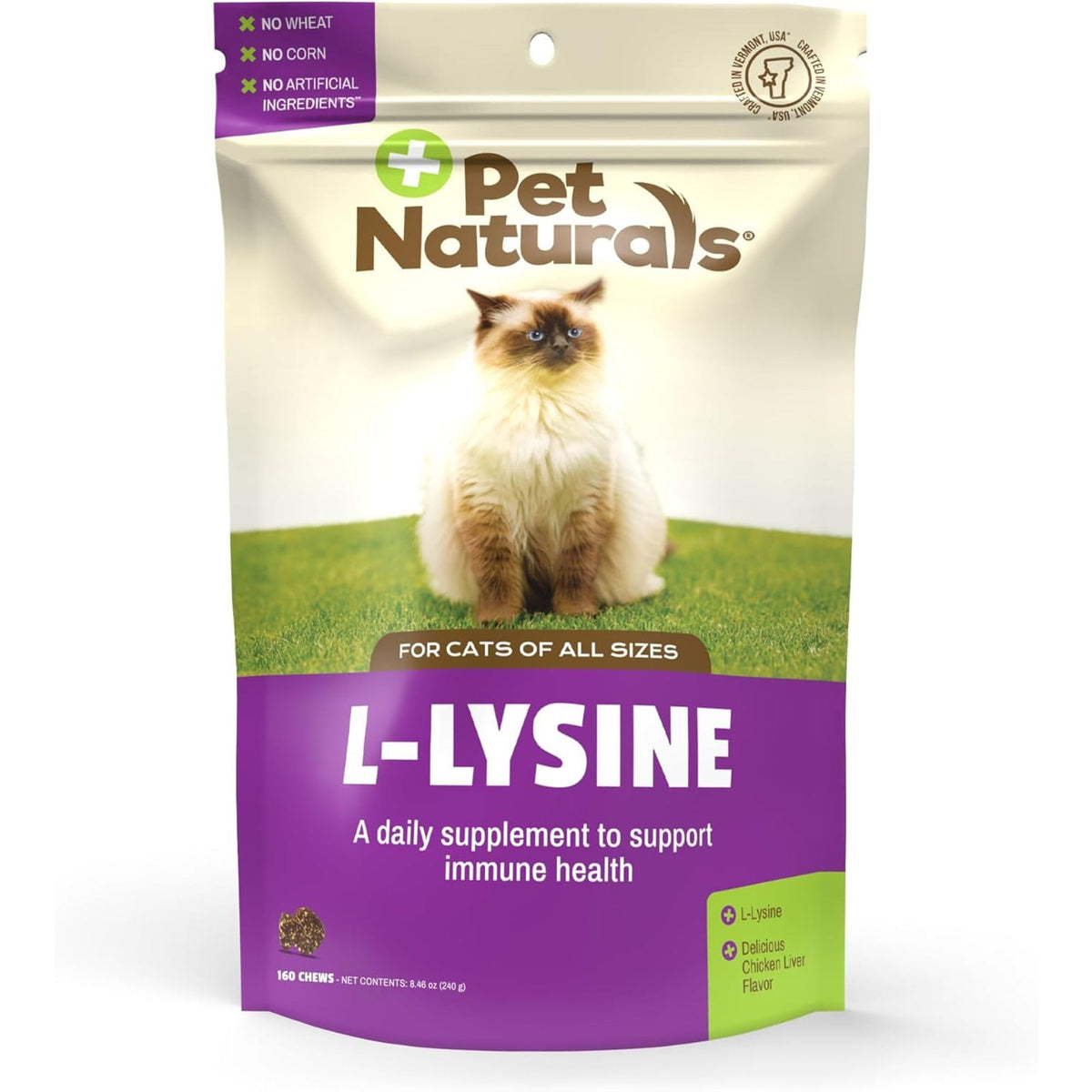 Pet Naturals Lysine Soft Chews for cats offer immune support with tasty flavor.