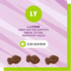 Pet Naturals Lysine Soft Chews, fish-shaped, make feeding easy while supporting respiratory health.