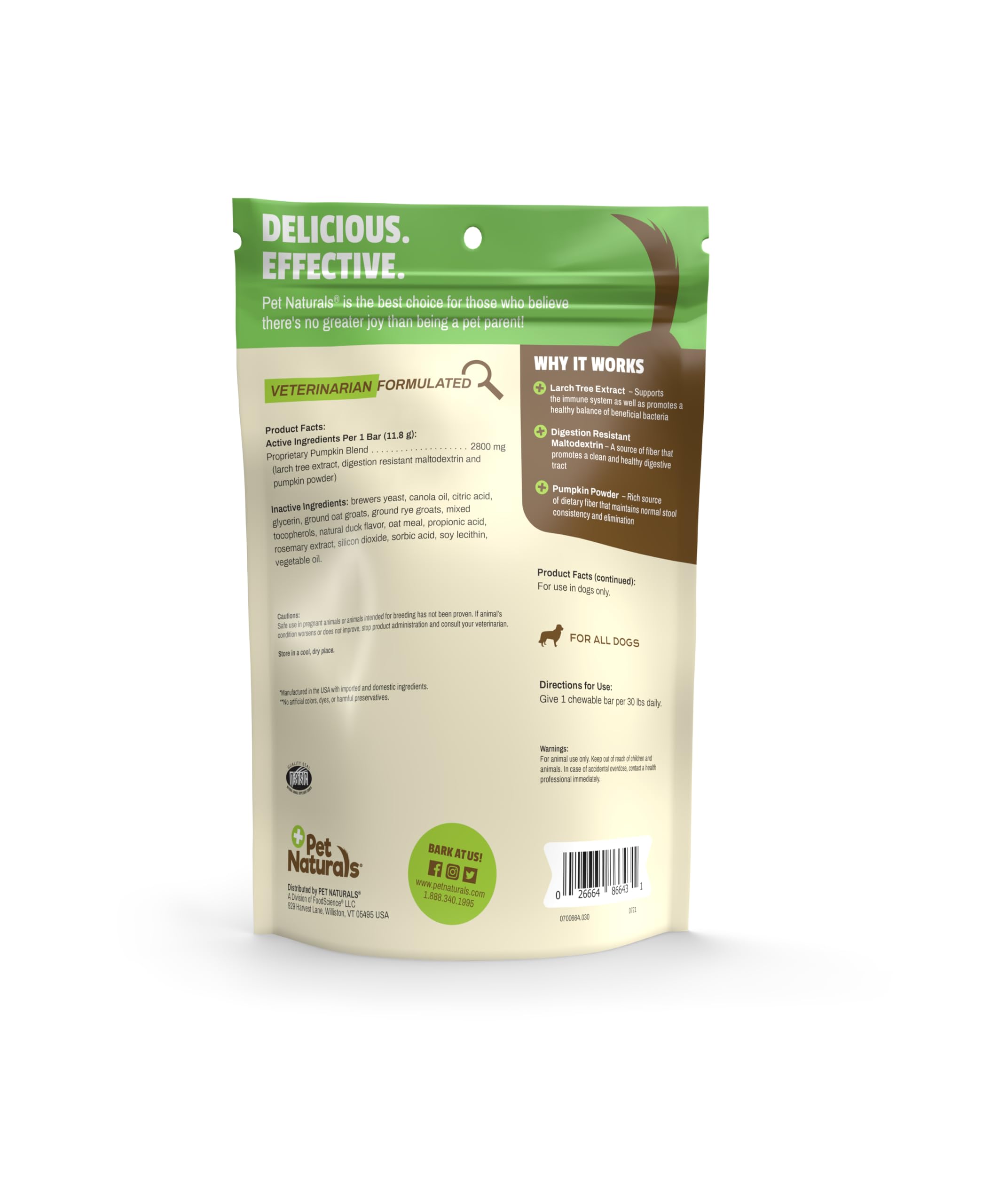 Pet Naturals Scoot Bars duck-flavor chews, tasty daily fiber for anal gland support