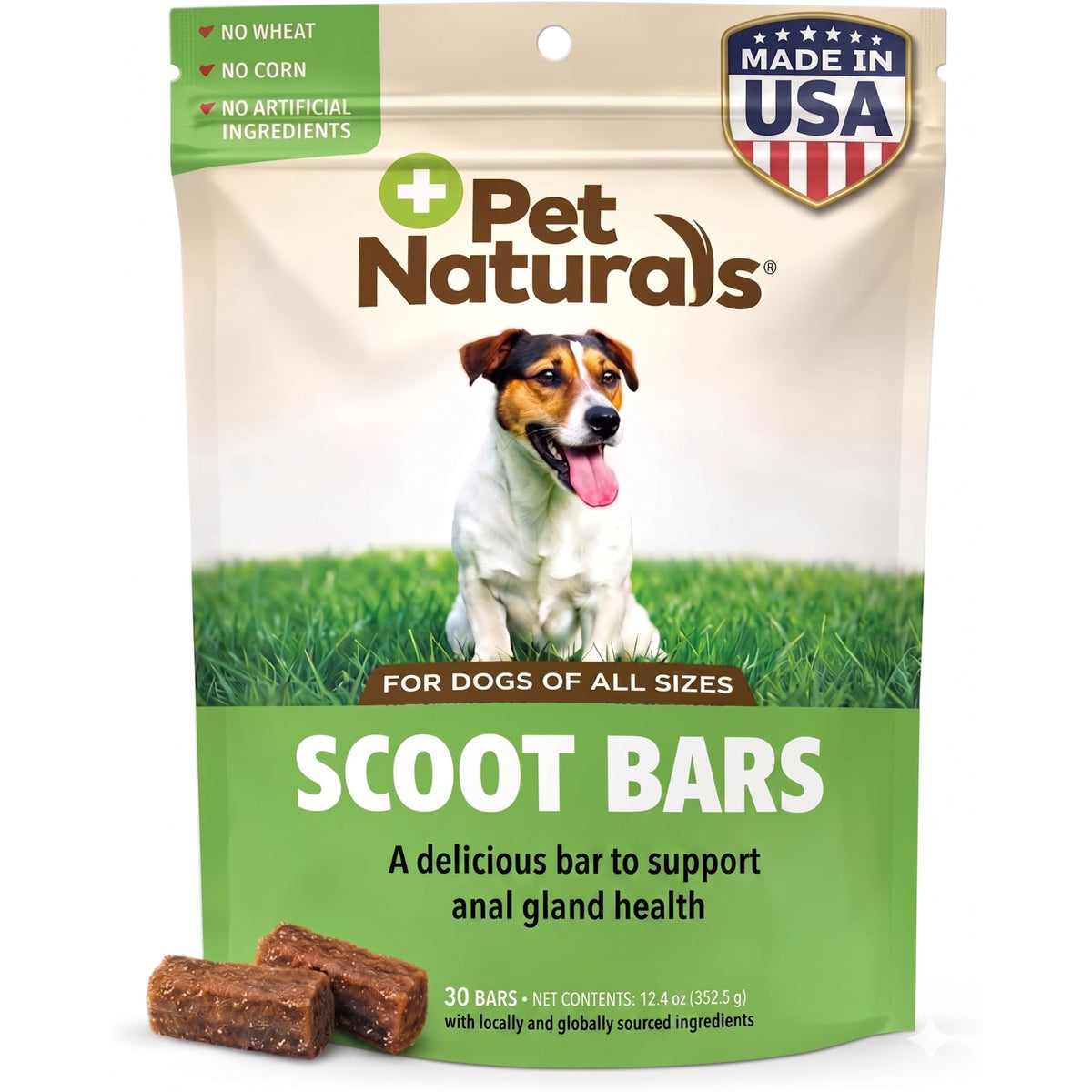 Pet Naturals Scoot Bars with duck flavor bar, highlighting fiber for digestion and anal gland support