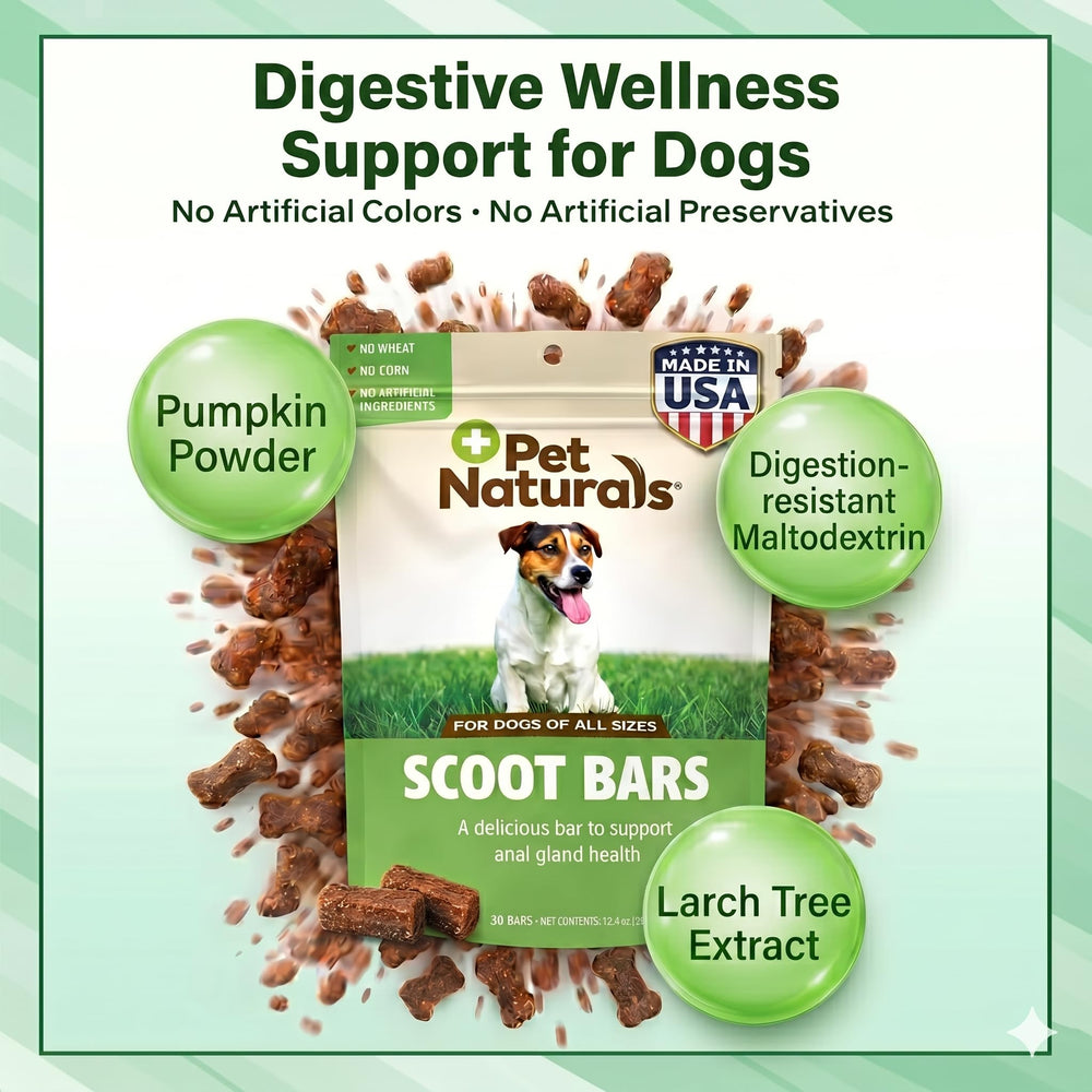 Pet Naturals Scoot Bars duck flavor serving, dog enjoying tasty fiber for regularity