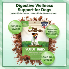 Pet Naturals Scoot Bars duck flavor serving, dog enjoying tasty fiber for regularity