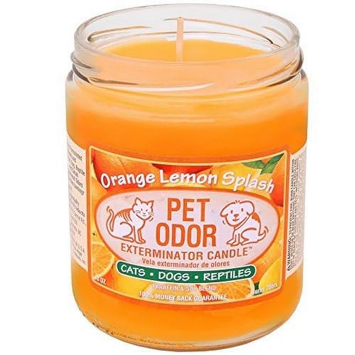 Pet Odor Exterminator Candle Orange Lemon Splash freshens air with citrus aroma and pet odors balance.