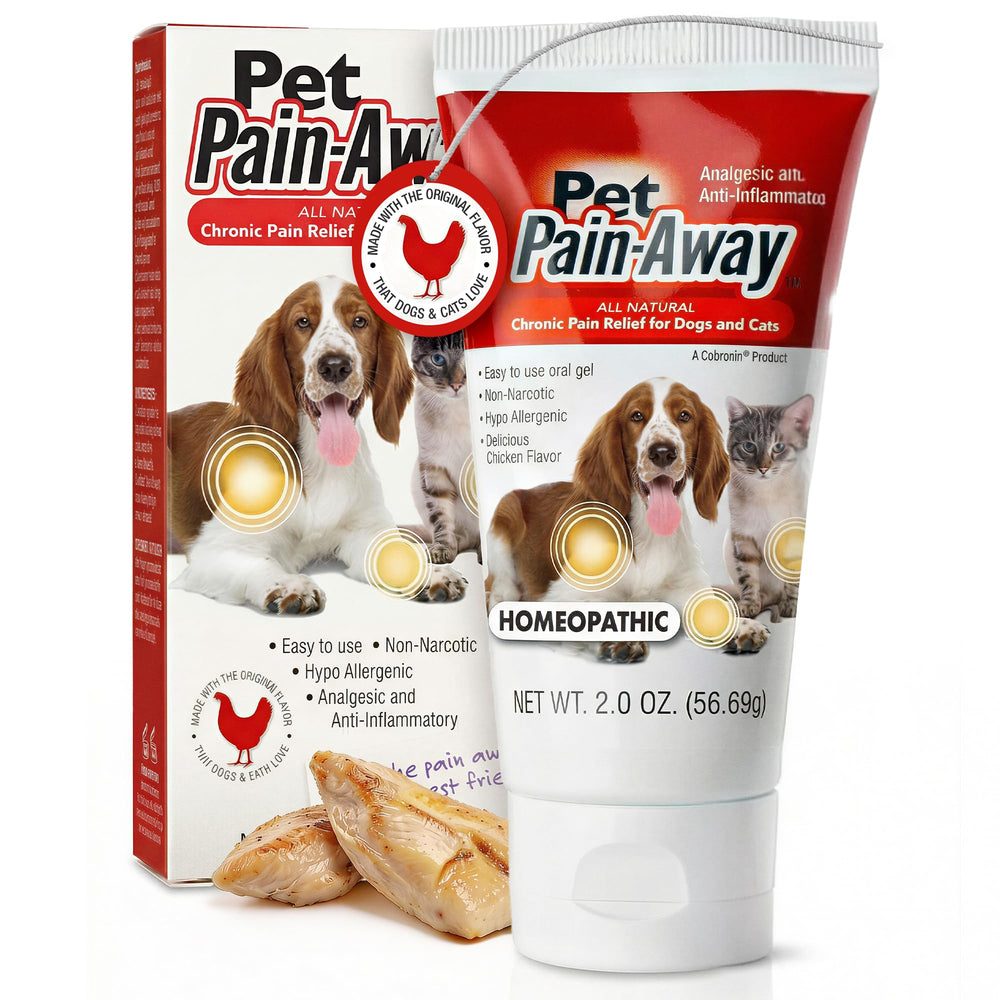 Pet Pain-Away bottle front shows all-natural pain relief for dogs and cats.