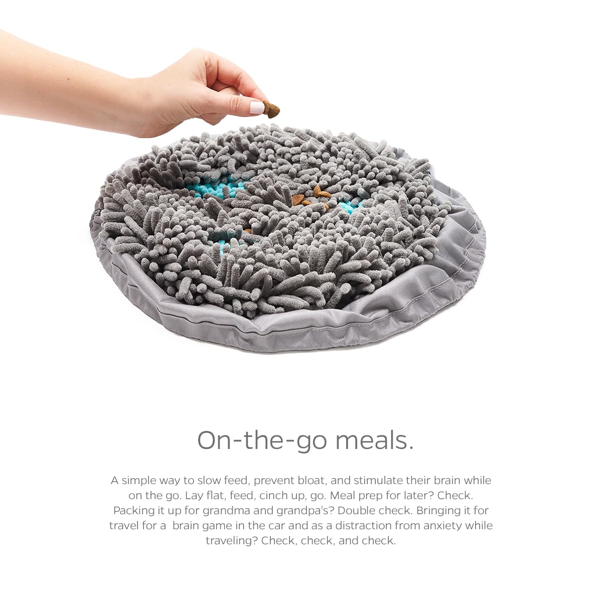 Pet Parents Snuffle Mat with travel pocket demonstrates easy packing for trips.