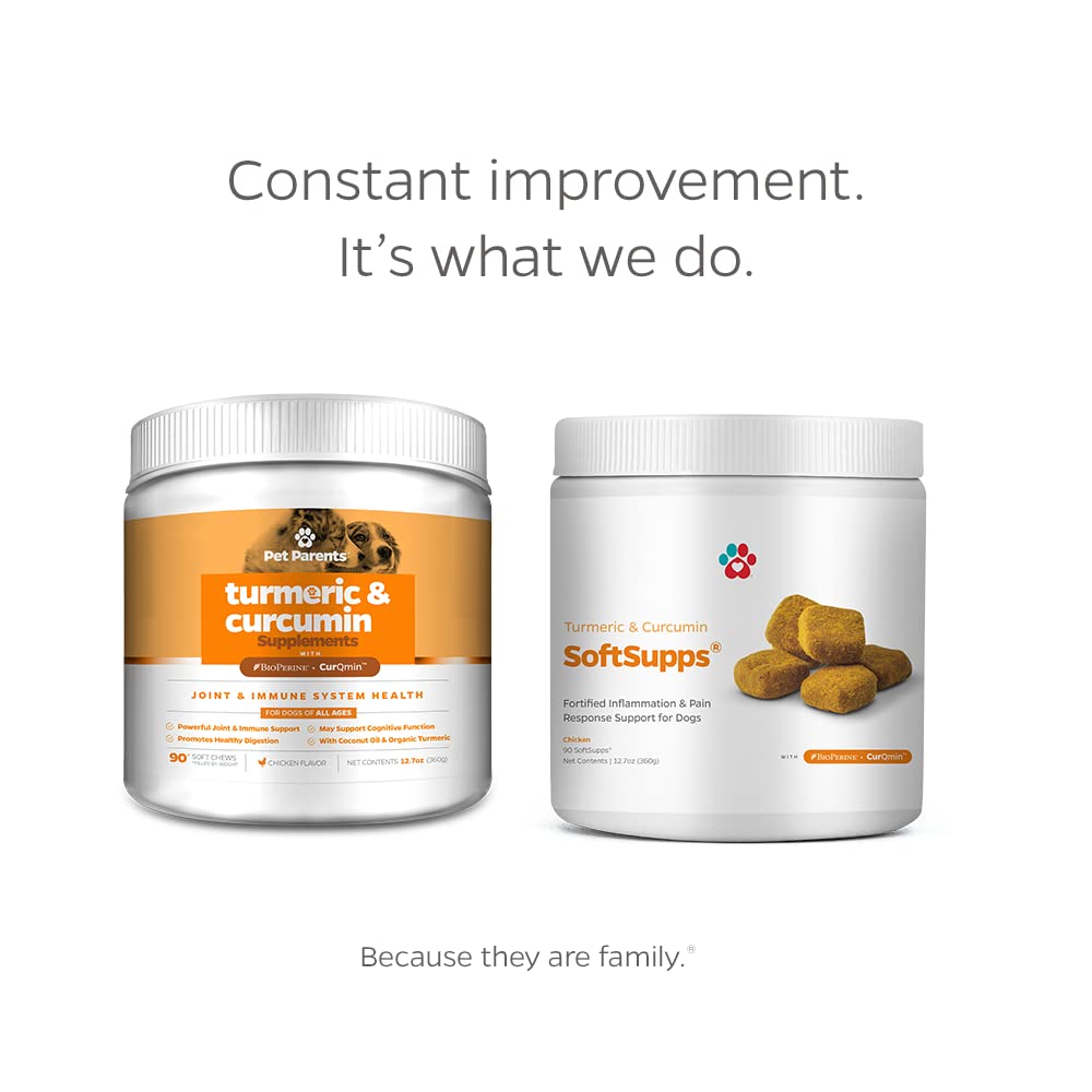 Packaging and serving scene for Pet Parents Turmeric SoftSupps shows easy daily use.