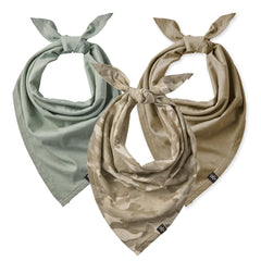 Pet Passion Bandit bandana in sage camo; soft organic cotton for all-day comfort.