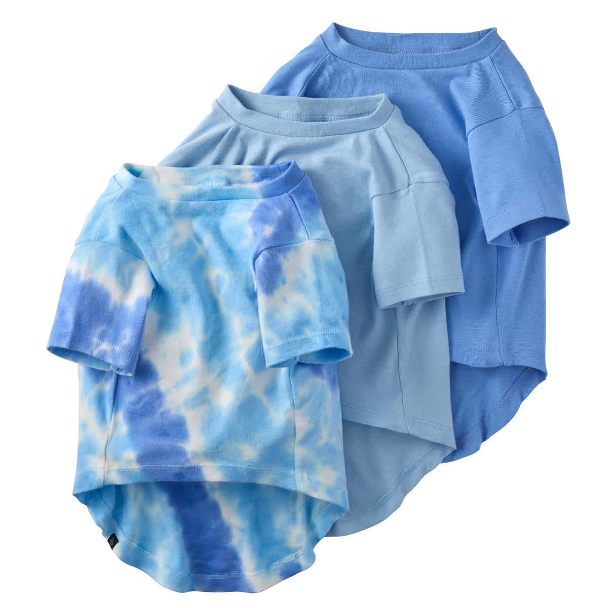 Pet Passion Toby II tee front view in blue tie-dye, breathable cotton for dogs.