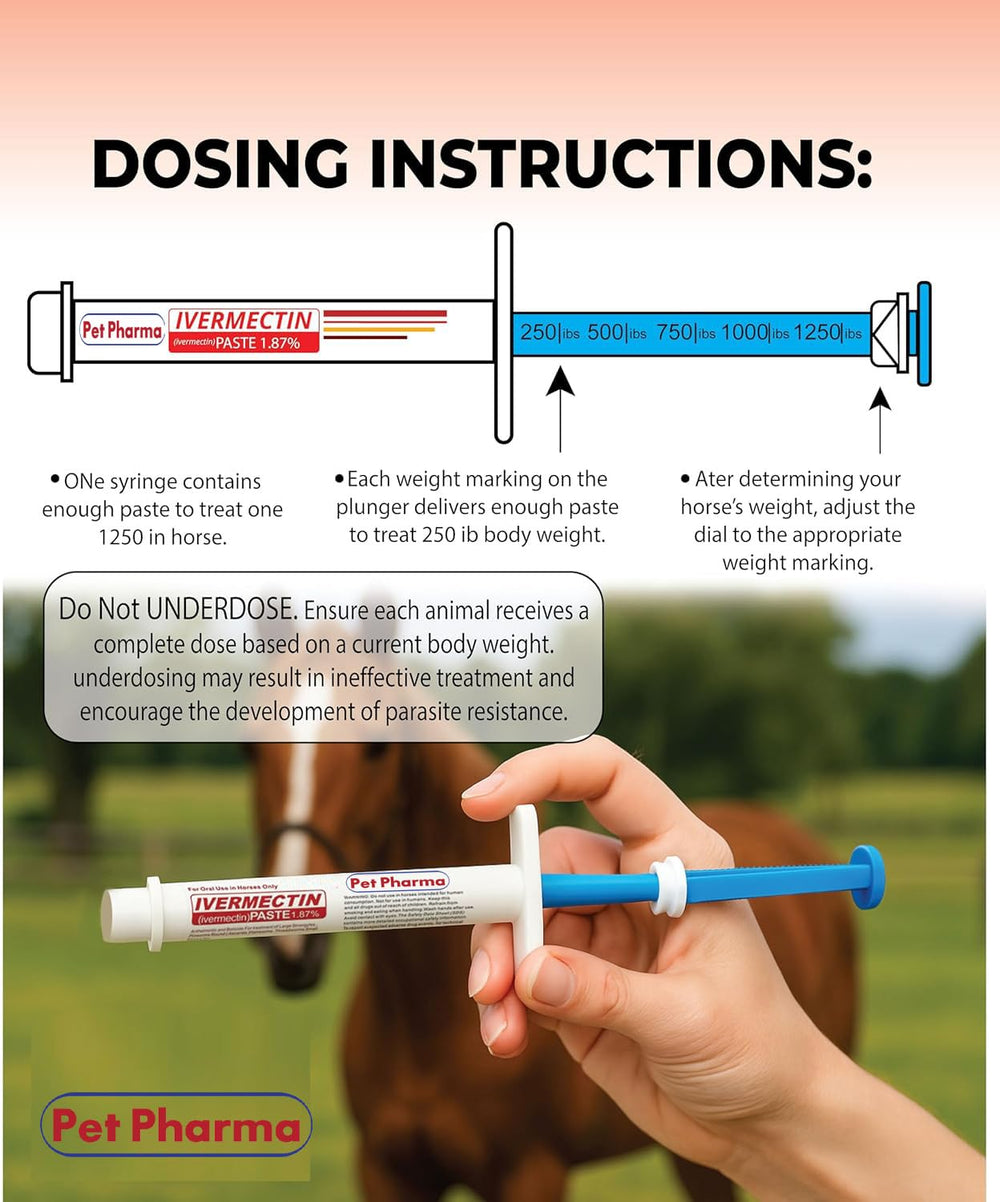 Pet Pharma ivermectin paste for horses in ready-to-use apple-flavored formula.