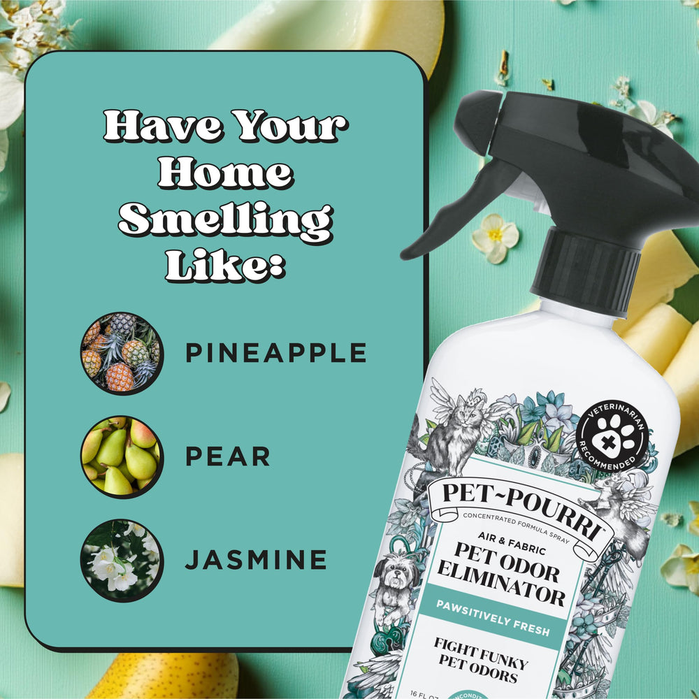 Close-up of Pet-Pourri bottle label and usage directions.