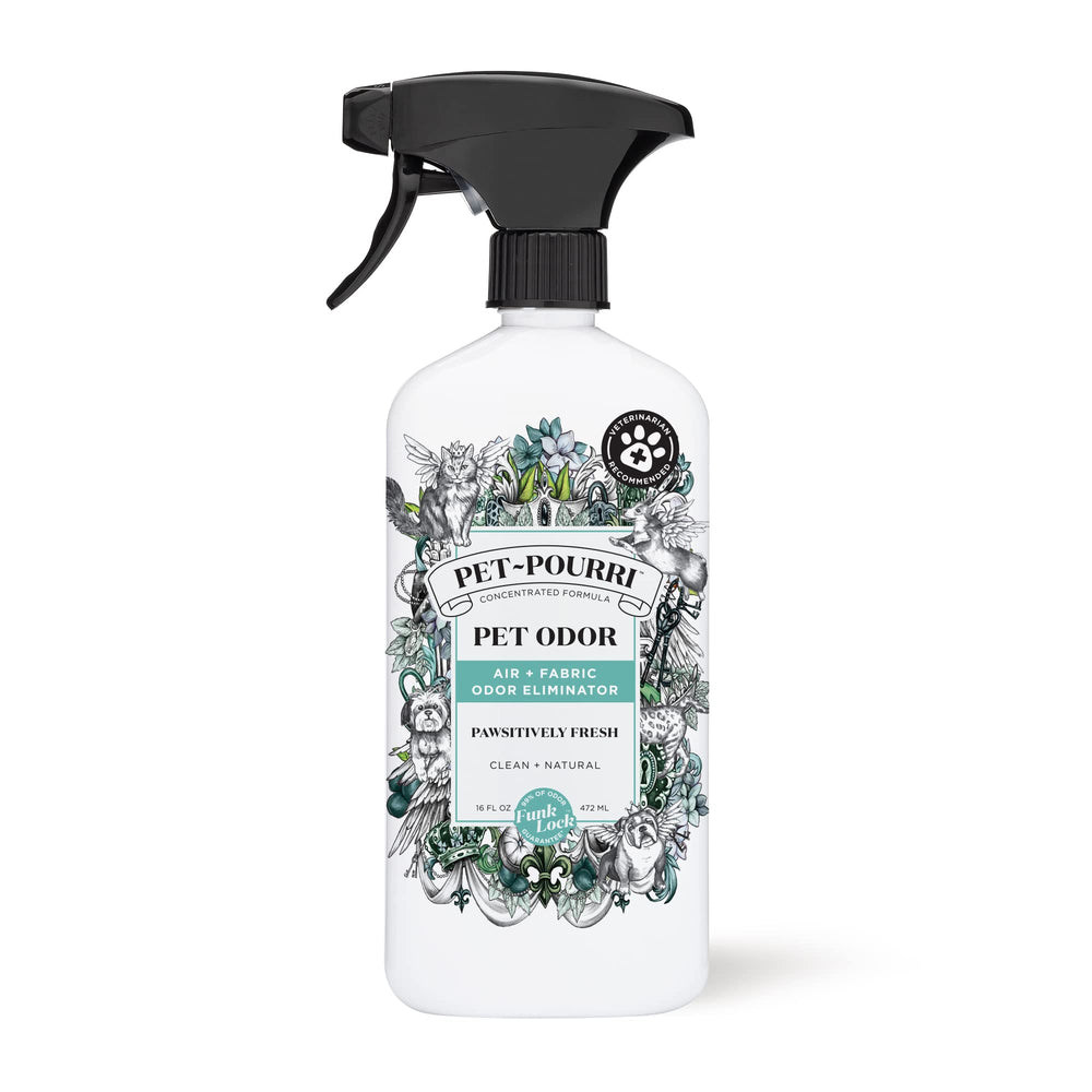 Pet-Pourri Pawsitively Fresh bottle neutralizes odors at the source for pet spaces.